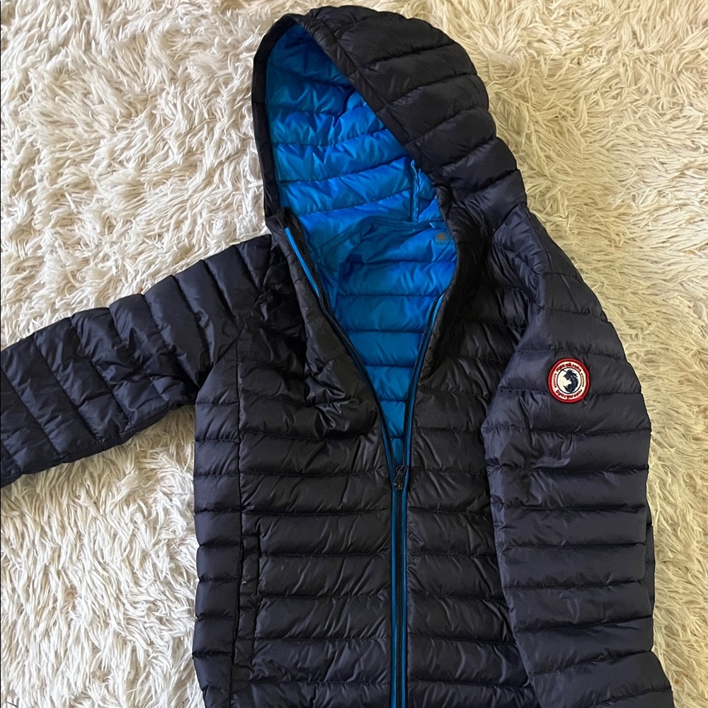 Kids navy and Blue Hooded down jacket  Jacket size 10/12 large rokka&rolla
